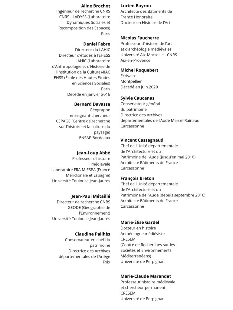 Les noms et prénoms de l'ensemble du comité scientifique de la candidature des Citadelles du vertige à l'Unesco
